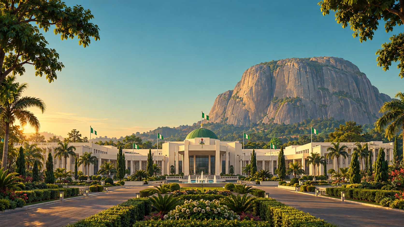 Illustrated Aso Rock title-screen setting from PRESIDO